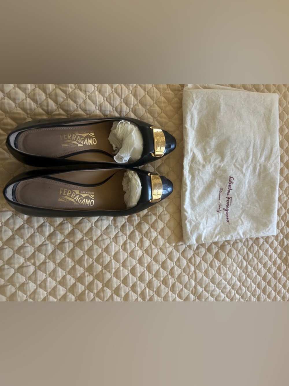 RARE Salvatore Ferragamo Black Kitten Heel with Gold Plaque and Dust Bag